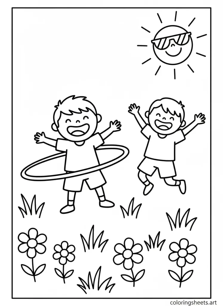 Child spinning a hula hoop summer fun coloring page for toddlers free printable