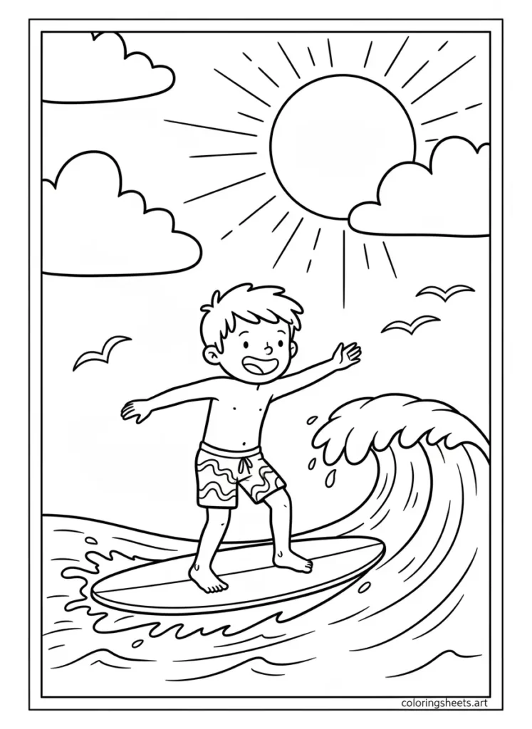 Child surfing a small wave summer fun coloring page for kids free printable PDF