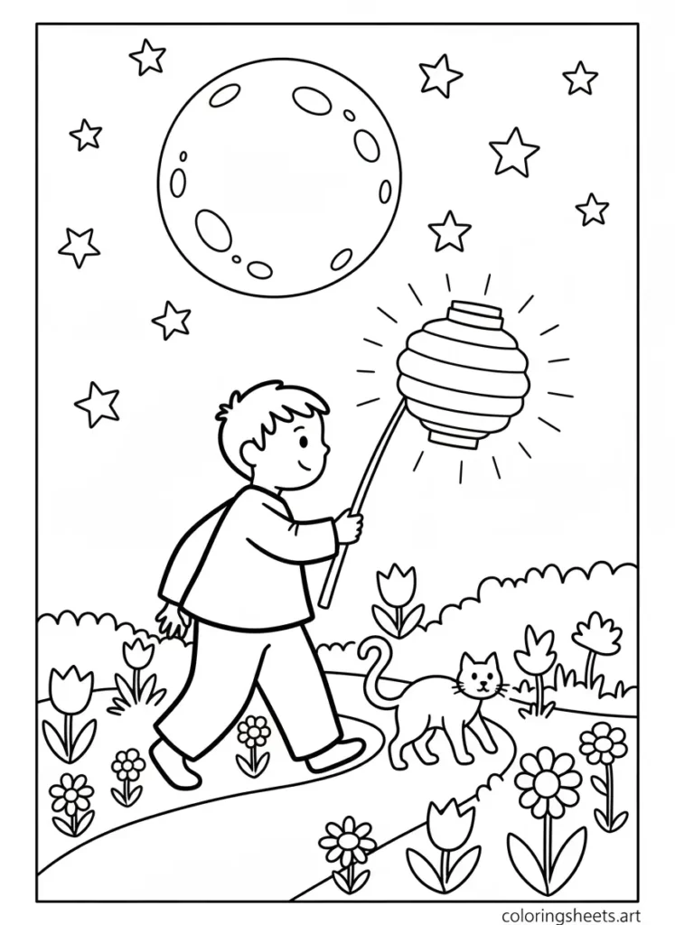 Child walking with a paper lantern summer night coloring page for kids simple