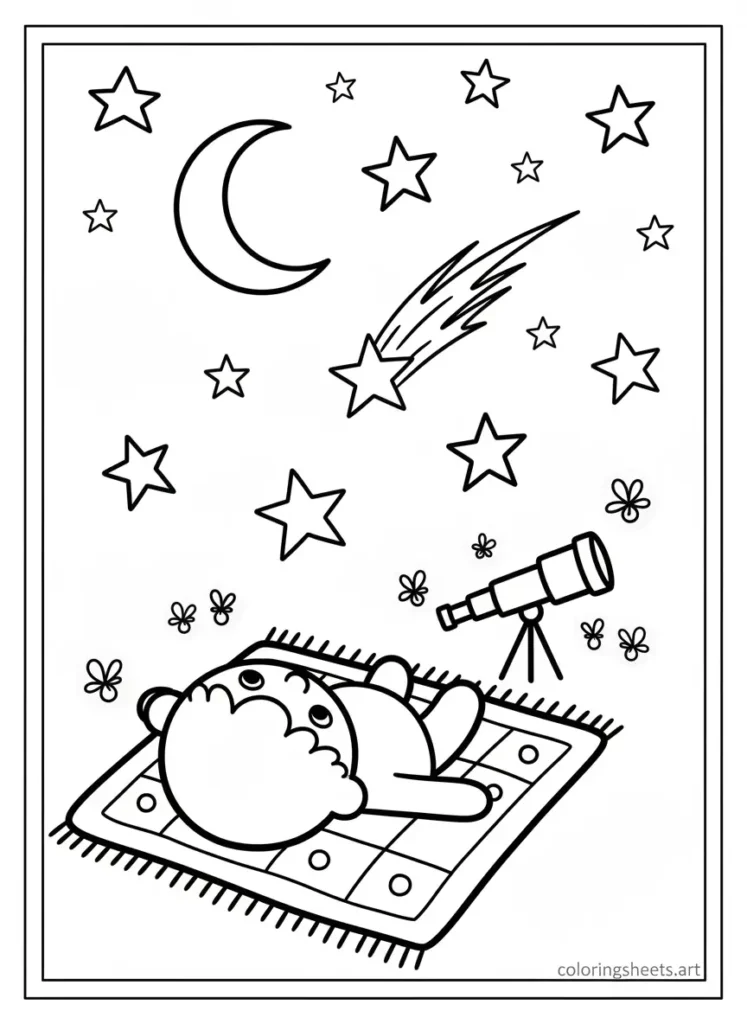 Child wishing on a shooting star summer fun coloring page for kids printable PDF