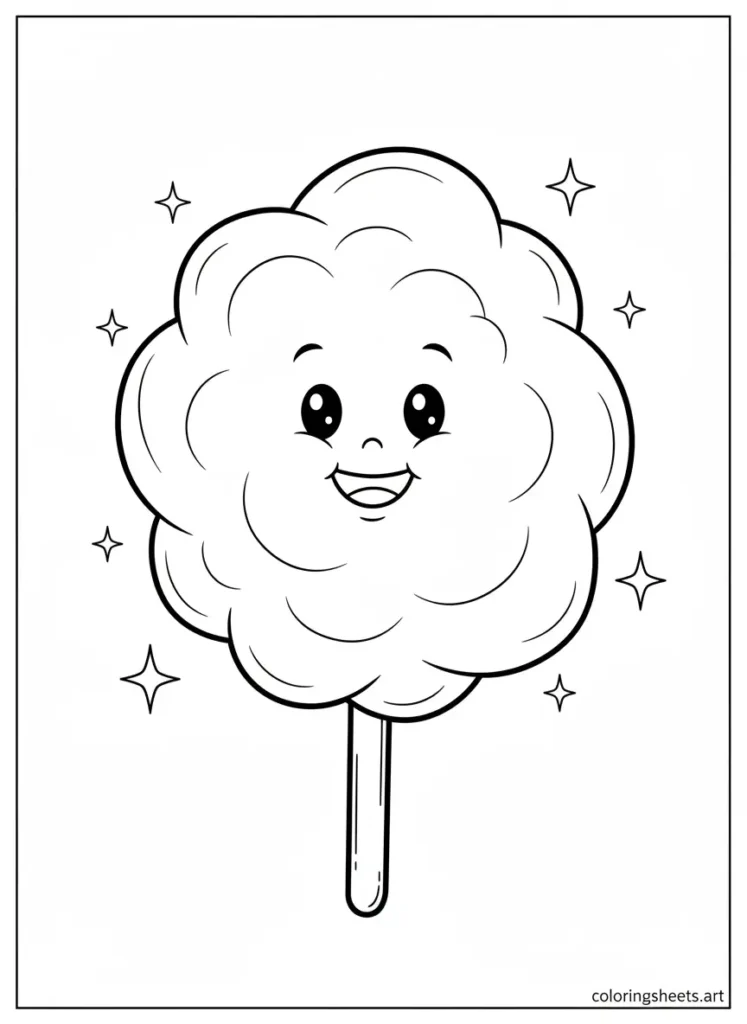 Fluffy cotton candy on a stick summer fun coloring page for kids free printable PDF