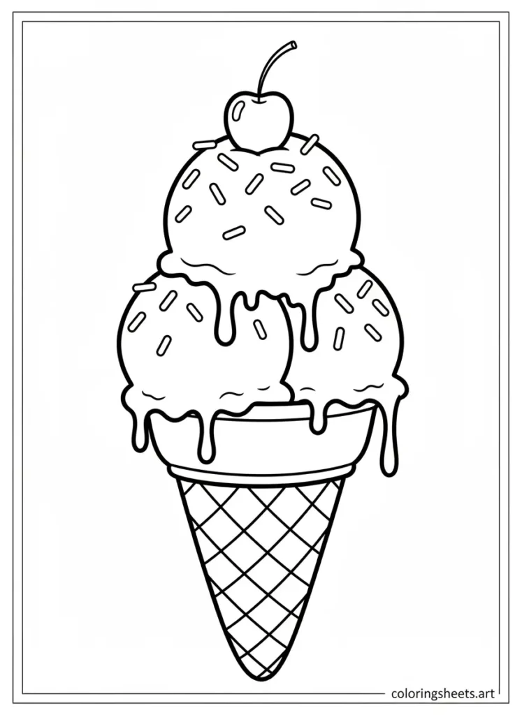 Giant triple scoop ice cream cone summer fun coloring page for kids free printable