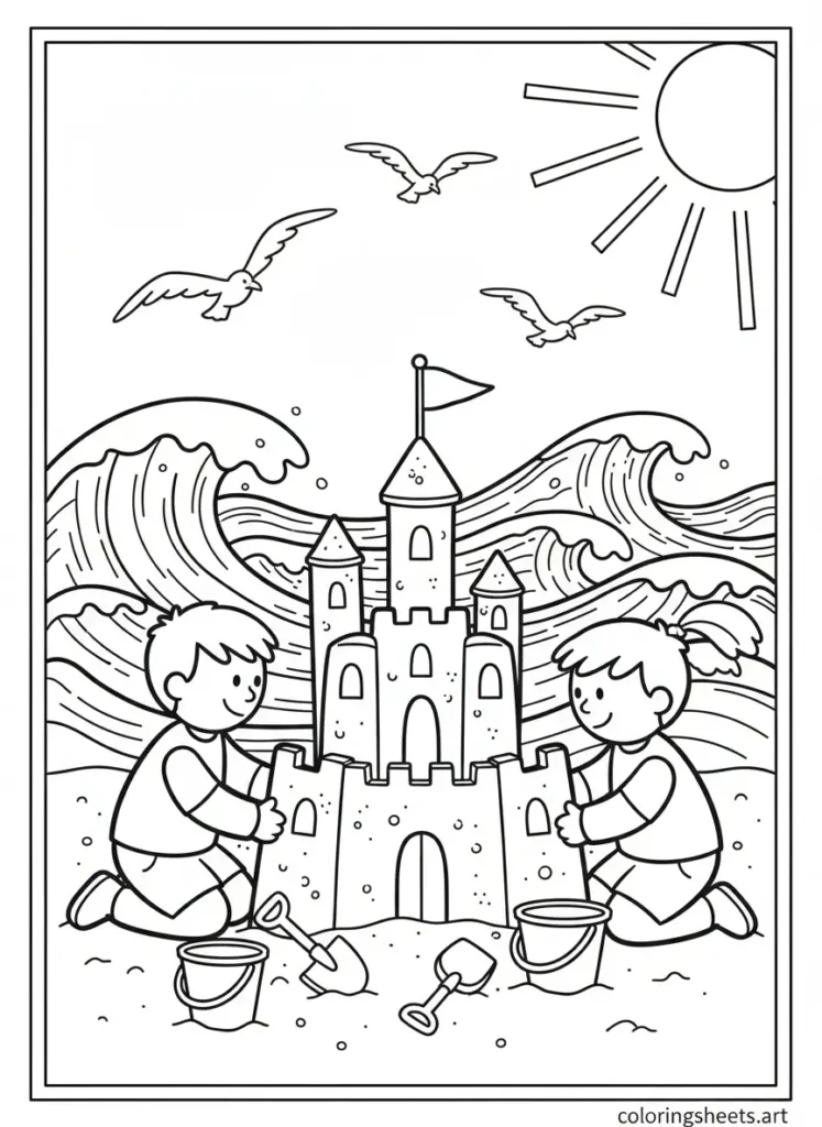 Kids building a giant sandcastle at the beach summer fun coloring page for kids PDF