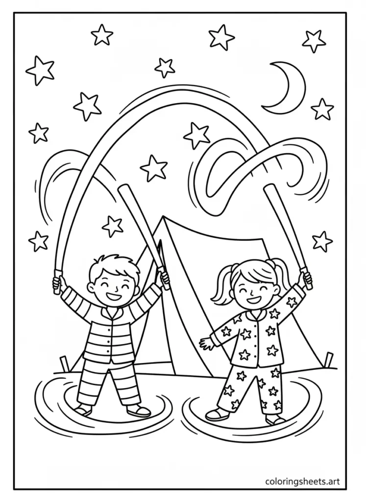 Kids playing with glow sticks at night summer fun coloring page for toddlers free
