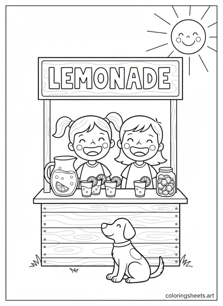 Kids running a lemonade stand summer fun coloring page for kids printable PDF