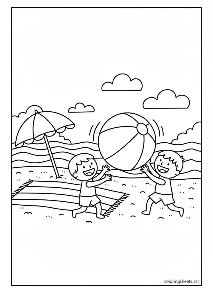 Kids playing with a giant beach ball summer fun coloring page for toddlers printable