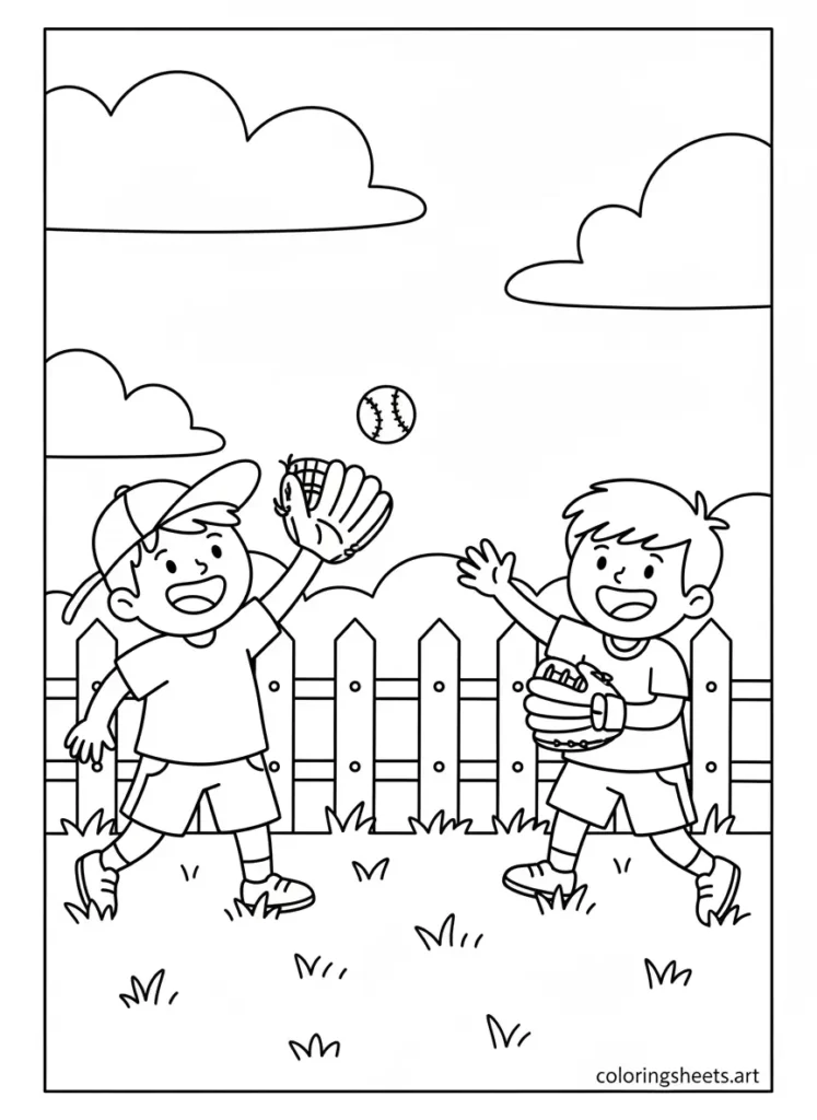 Kids playing catch with baseball mitt summer fun coloring page for kids simple