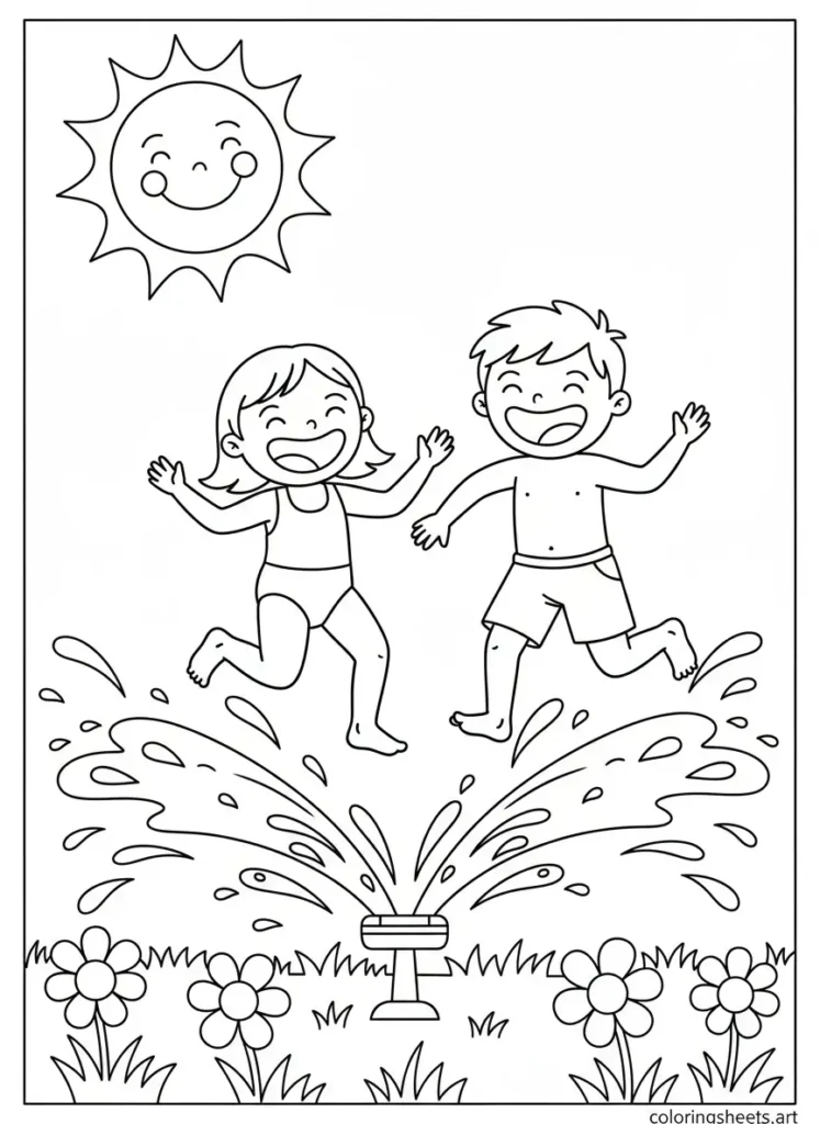 Kids running through a backyard sprinkler summer fun coloring page for kids free printable