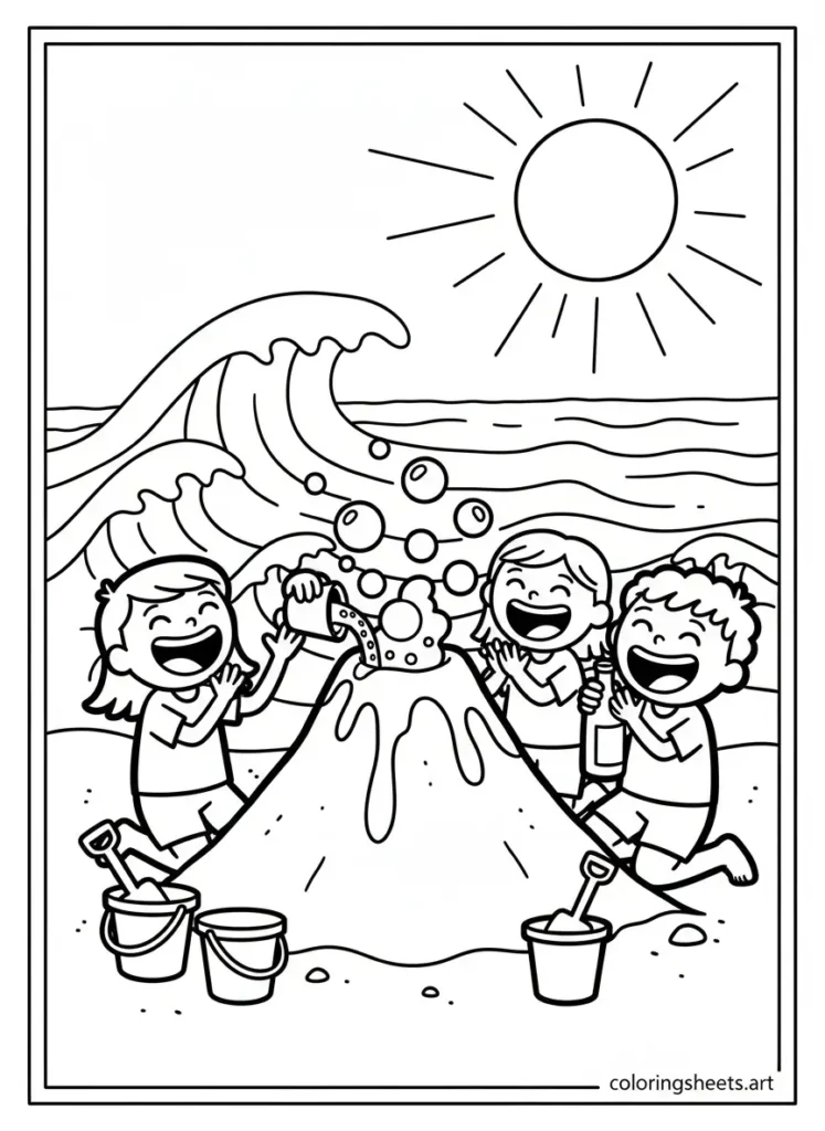 Kids making a sand volcano at the beach summer fun coloring page for kids simple