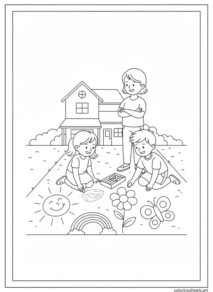 Kids drawing with sidewalk chalk on driveway summer fun coloring page for kids
