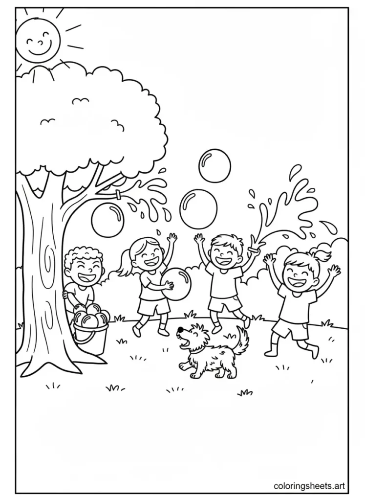 Kids having a water balloon fight summer fun coloring page for kids free printable