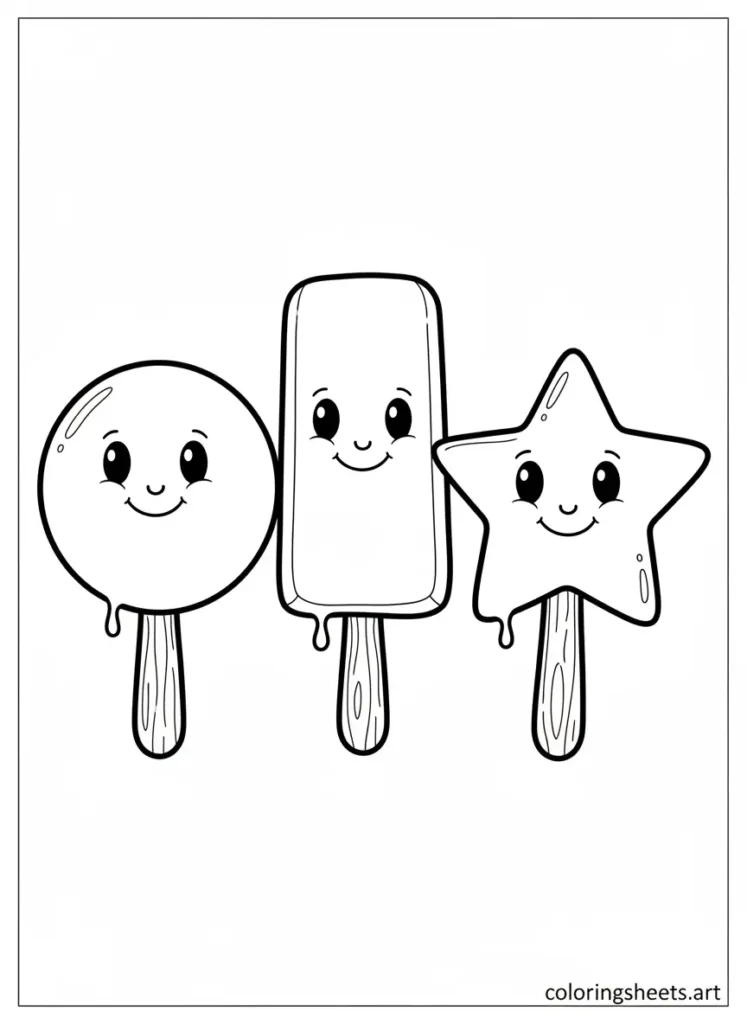 Three colorful popsicles summer fun coloring page for toddlers easy printable