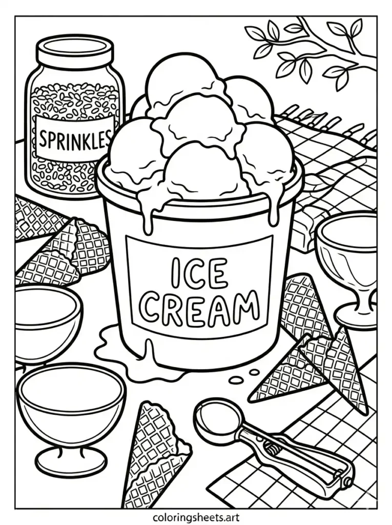 Summer dessert table with ice cream bucket coloring page
