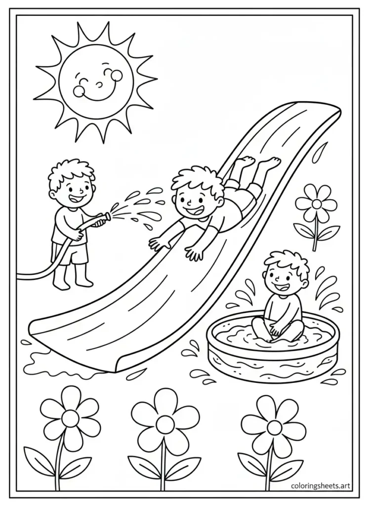 Kids sliding on a backyard slip and slide summer fun coloring page for kids simple