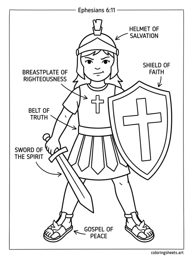 Put on the full armor of God Sunday school Bible coloring page Ephesians 6