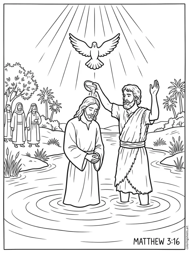 Baptism of Jesus by John the Baptist Sunday school Bible coloring page Matthew 3