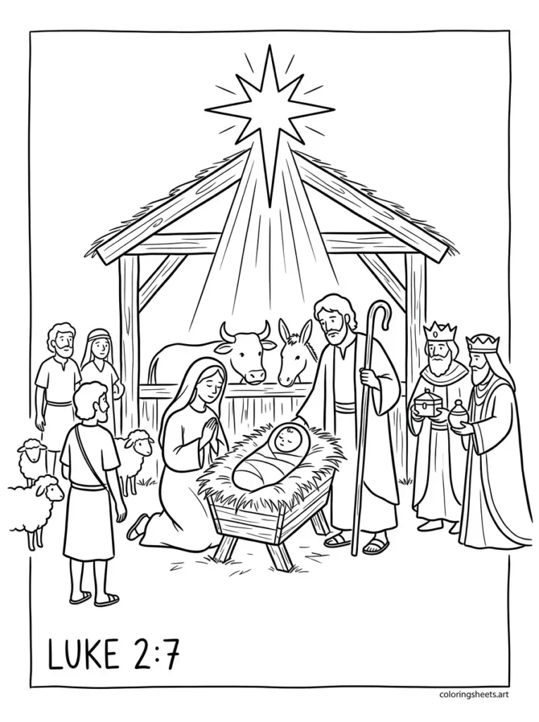 Birth of Jesus in Bethlehem nativity Sunday school Bible coloring page Luke 2