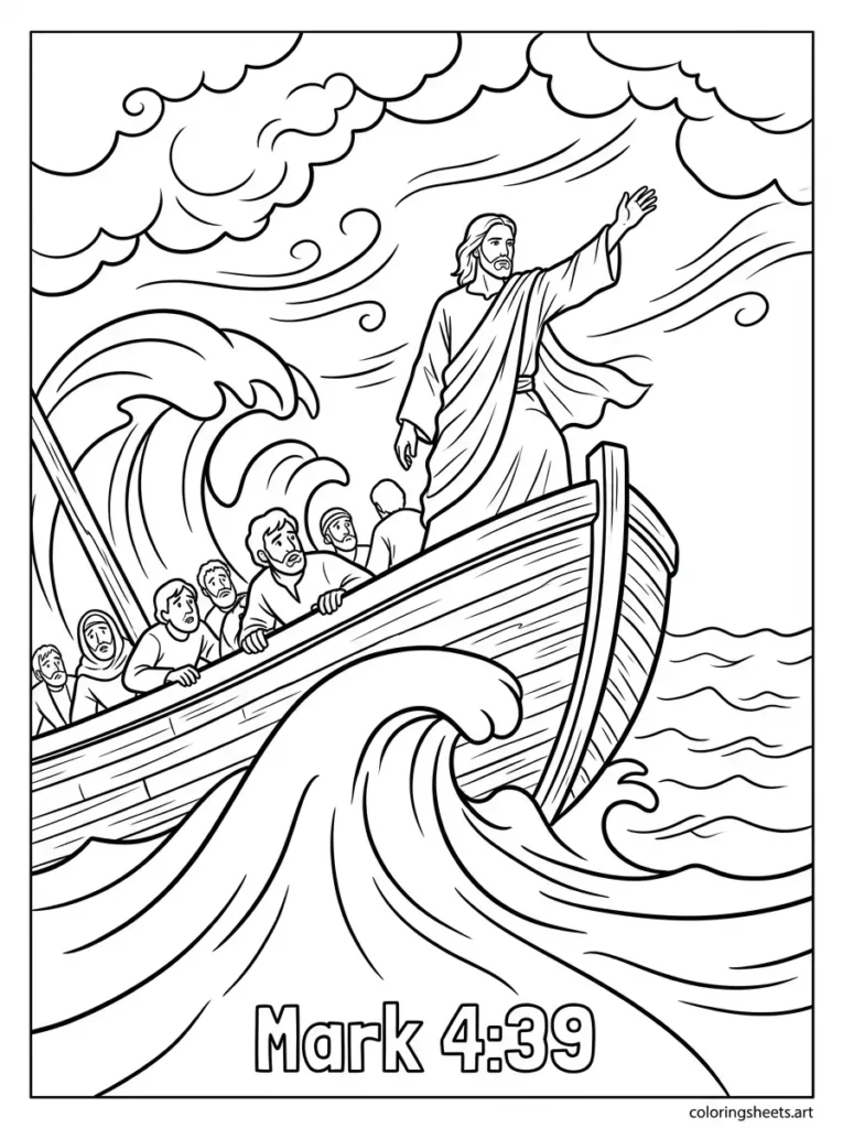 Jesus calming the storm on the sea Sunday school Bible coloring page Mark 4