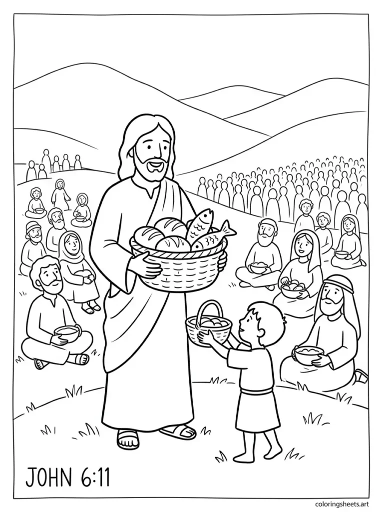 Jesus feeds 5000 with loaves and fish Sunday school Bible coloring page