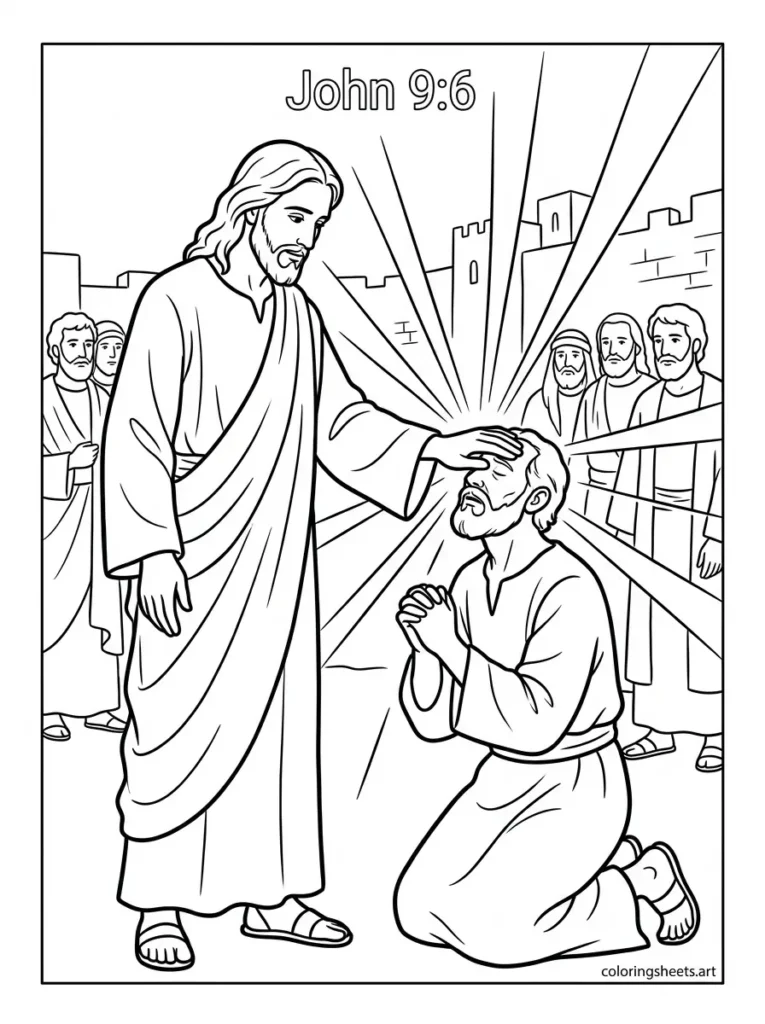 Jesus healing the blind man Sunday school Bible coloring page John 9