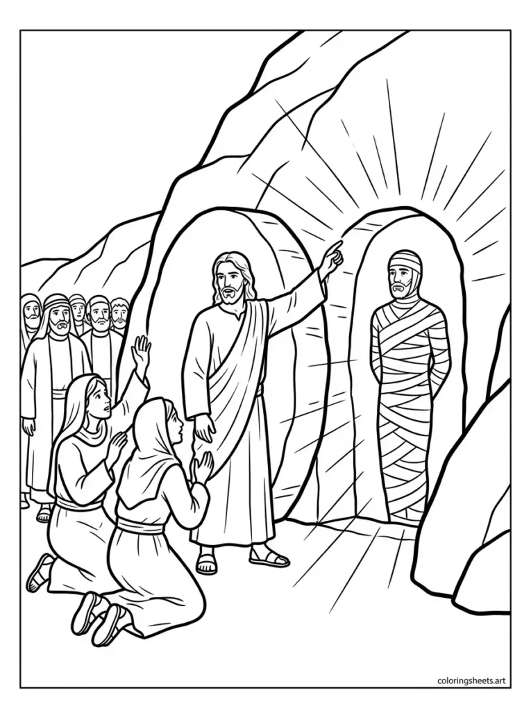 Jesus raises Lazarus from the dead Sunday school Bible coloring page John 11