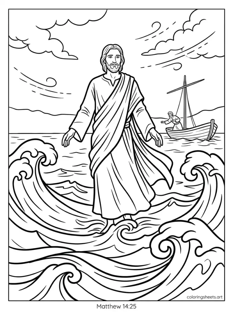 Jesus walking on water Sunday school Bible coloring page Matthew 14