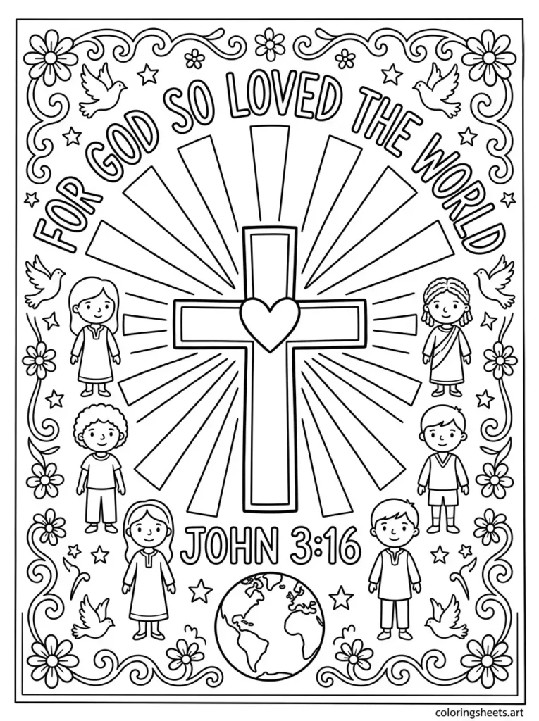 For God so loved the world John 3 16 Sunday school Bible coloring page