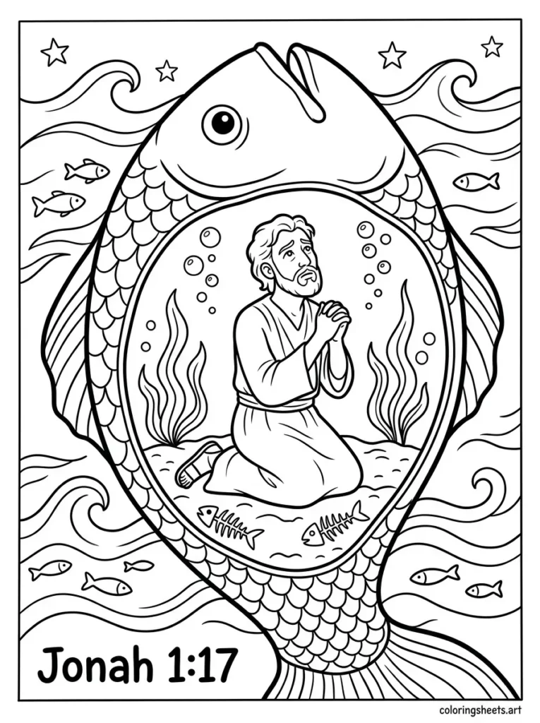 Jonah inside the great fish praying Sunday school Bible coloring page Jonah 1
