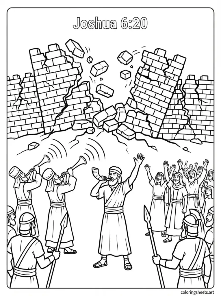 Joshua walls of Jericho falling Sunday school Bible coloring page Joshua 6