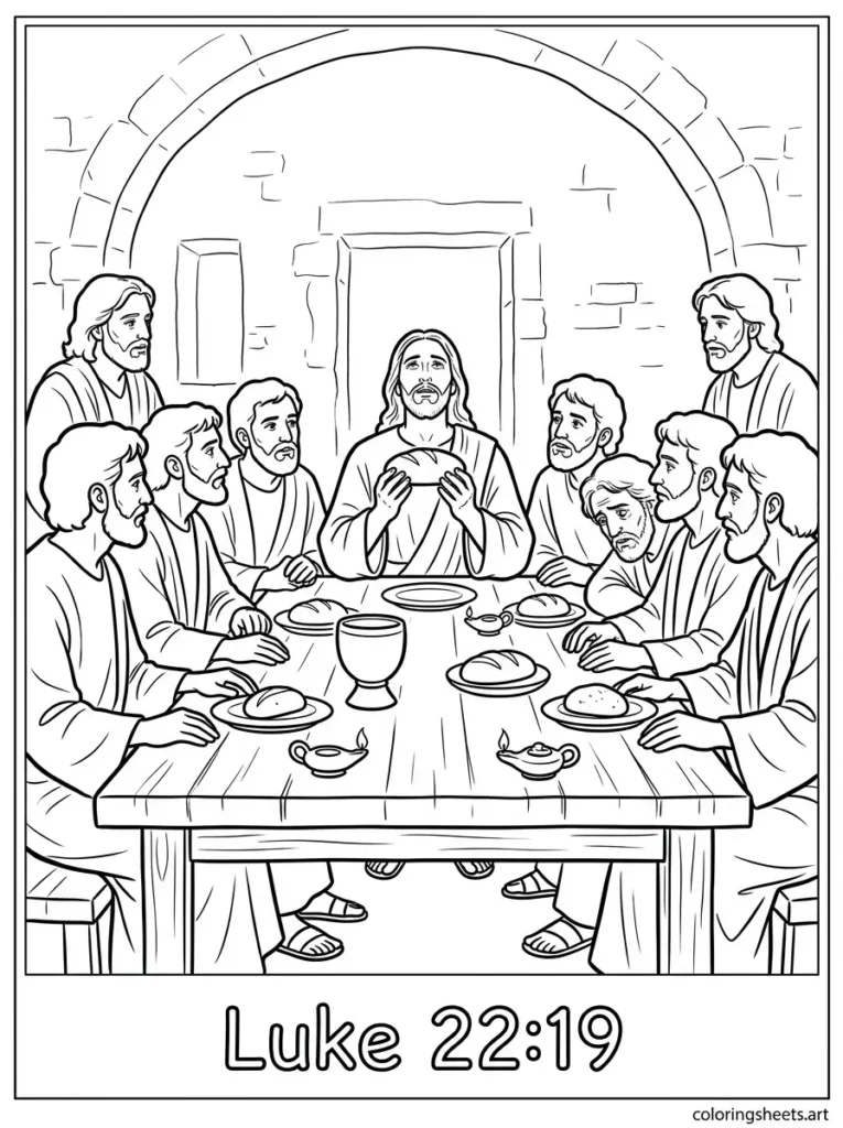 The Last Supper Jesus and twelve disciples Sunday school Bible coloring page Luke 22