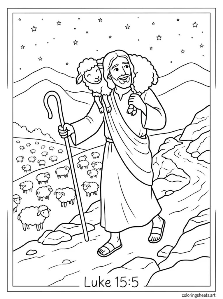 The lost sheep parable Good Shepherd carrying sheep Sunday school Bible coloring page