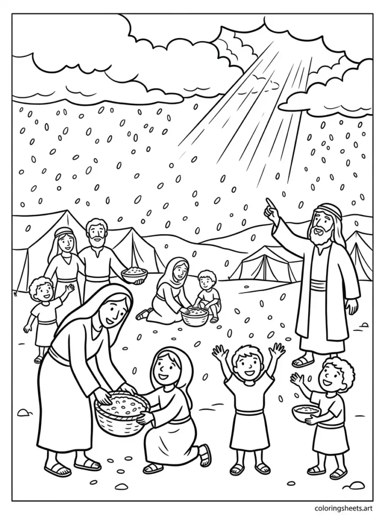 God sends manna from heaven in the desert Sunday school Bible coloring page Exodus 16