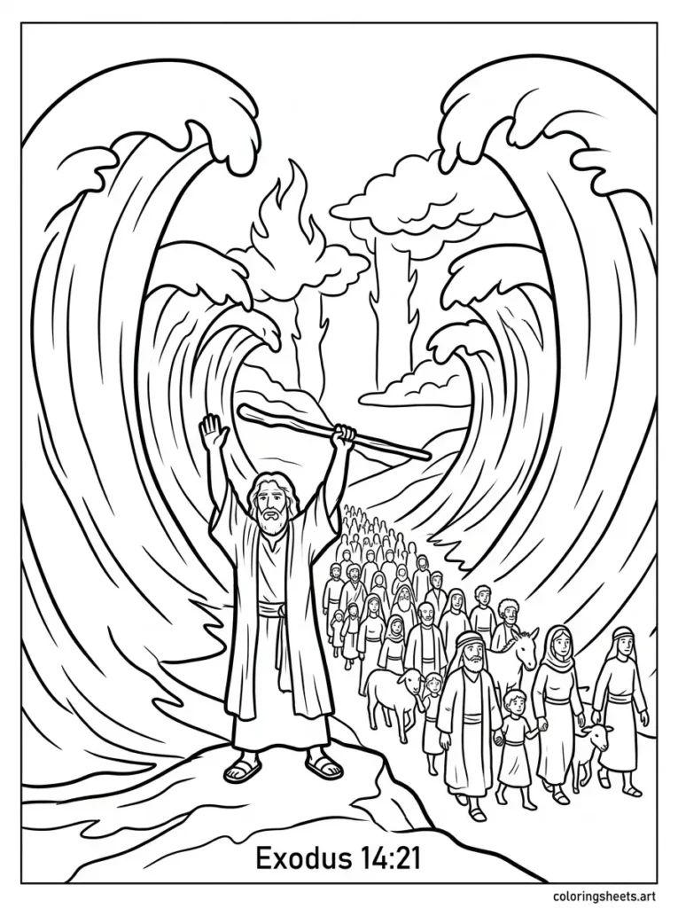 Moses parting the Red Sea Sunday school Bible coloring page Exodus 14