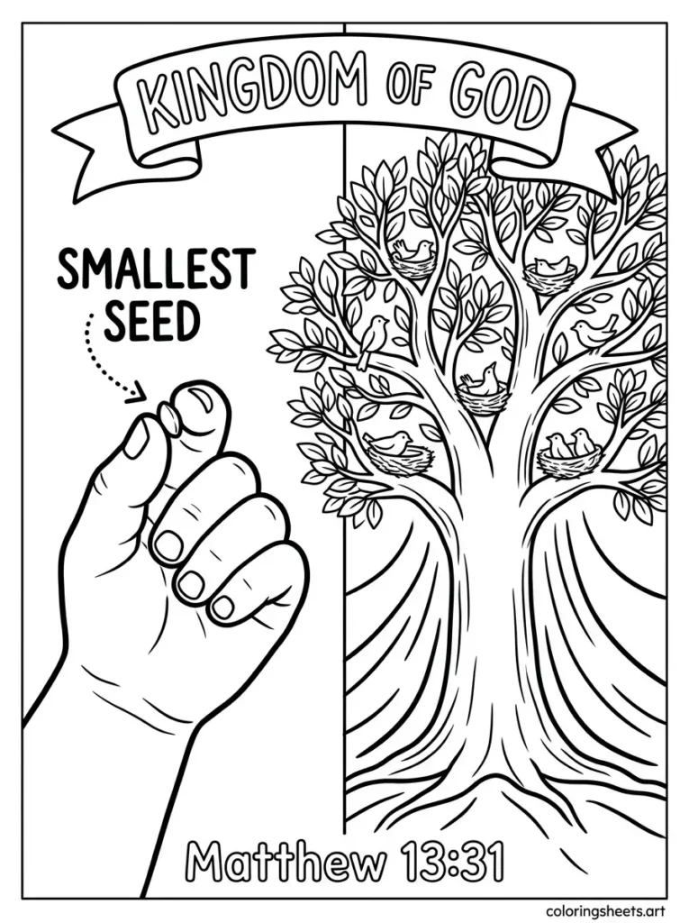 Parable of the Mustard Seed Kingdom of God Sunday school Bible coloring page