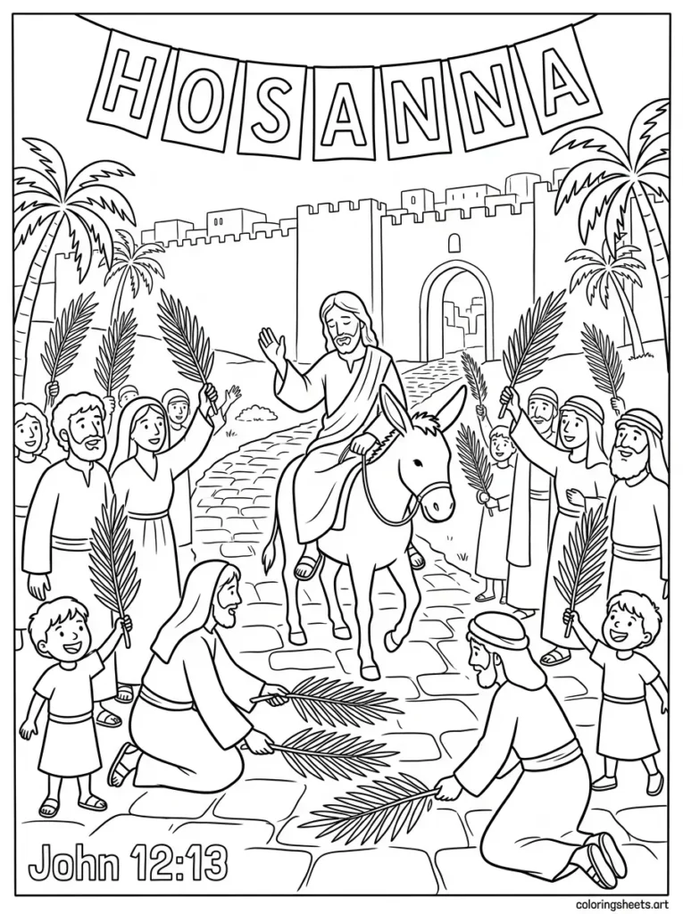 Palm Sunday Jesus enters Jerusalem Sunday school Bible coloring page John 12