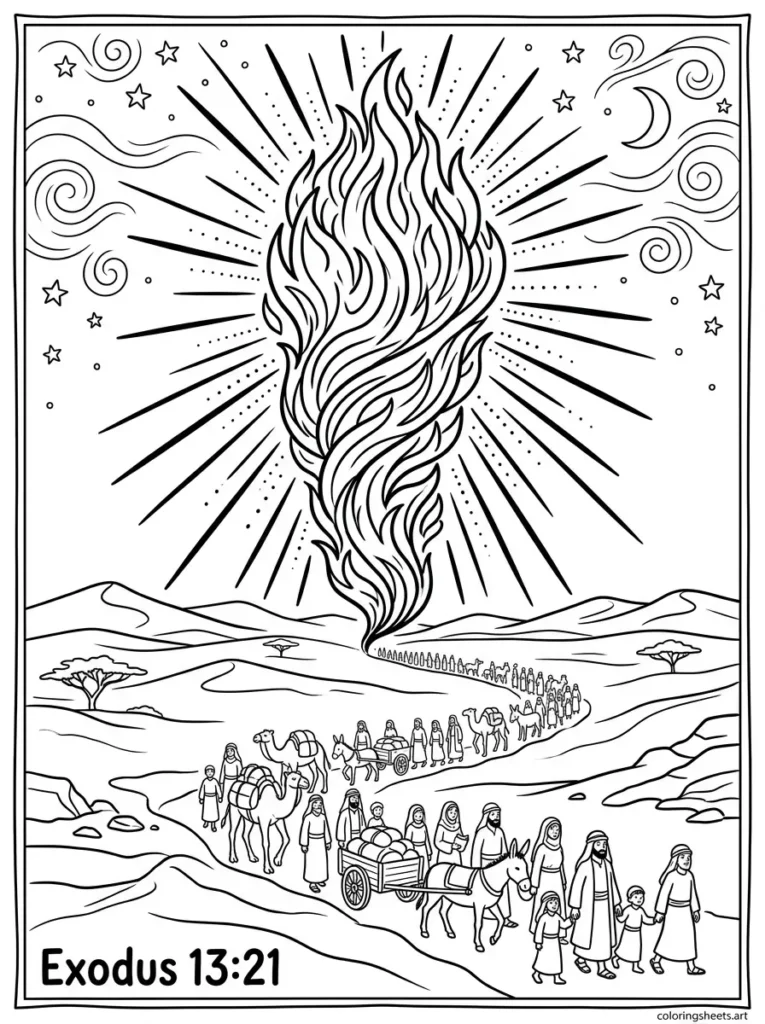 God's pillar of fire leading Israel through desert Sunday school Bible coloring page Exodus 13