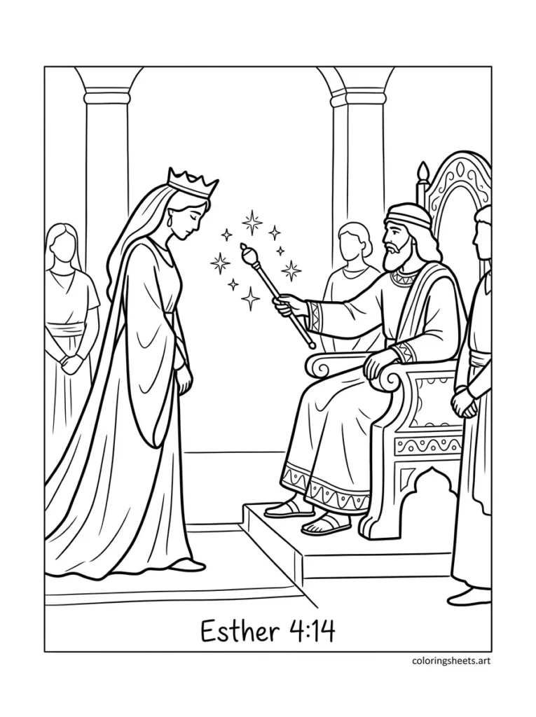 Queen Esther before King Ahasuerus Sunday school Bible coloring page Esther 4
