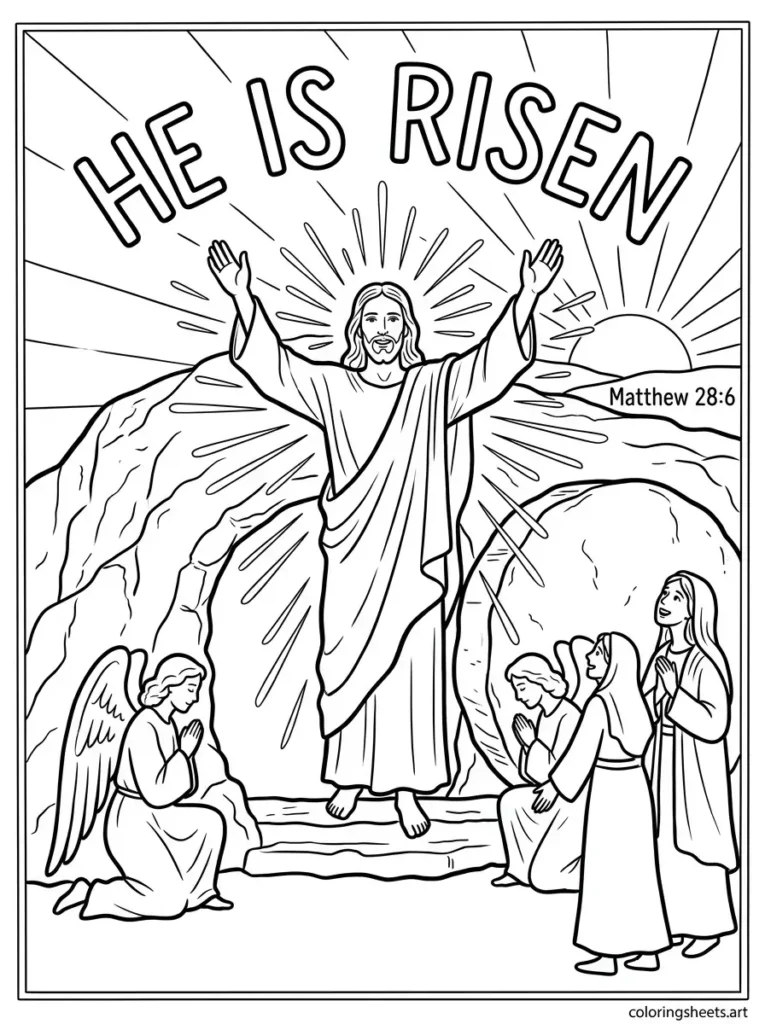 The Resurrection He is Risen Sunday school Bible coloring page Matthew 28
