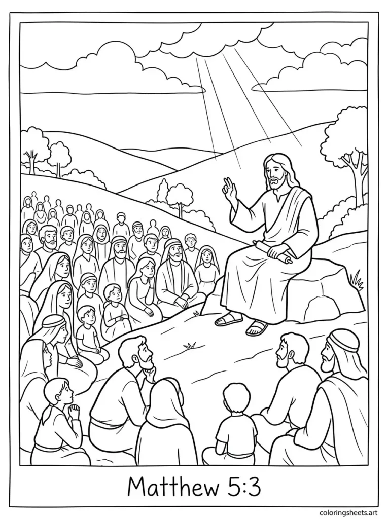 Jesus teaches the Sermon on the Mount Sunday school Bible coloring page Matthew 5