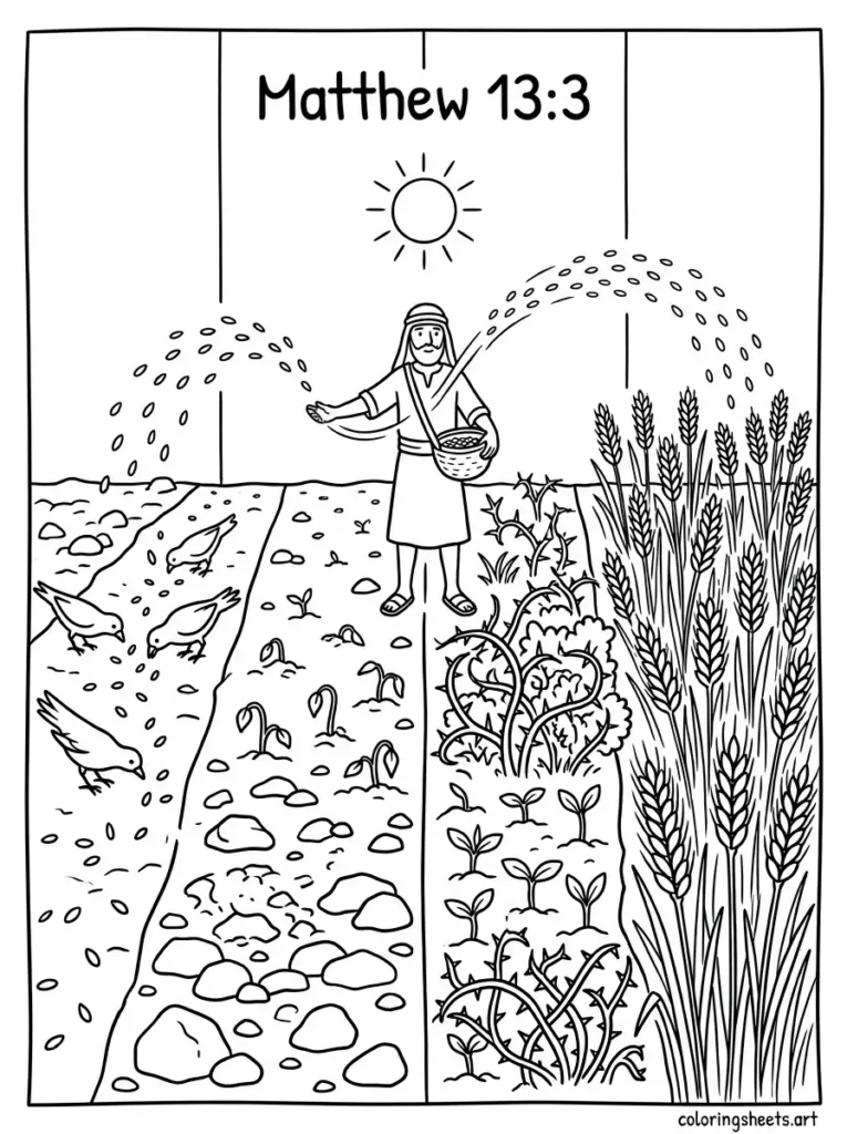The parable of the Sower and seeds four soils Sunday school Bible coloring page Matthew 13