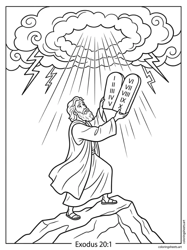 Moses receiving the Ten Commandments on Mount Sinai Sunday school Bible coloring page
