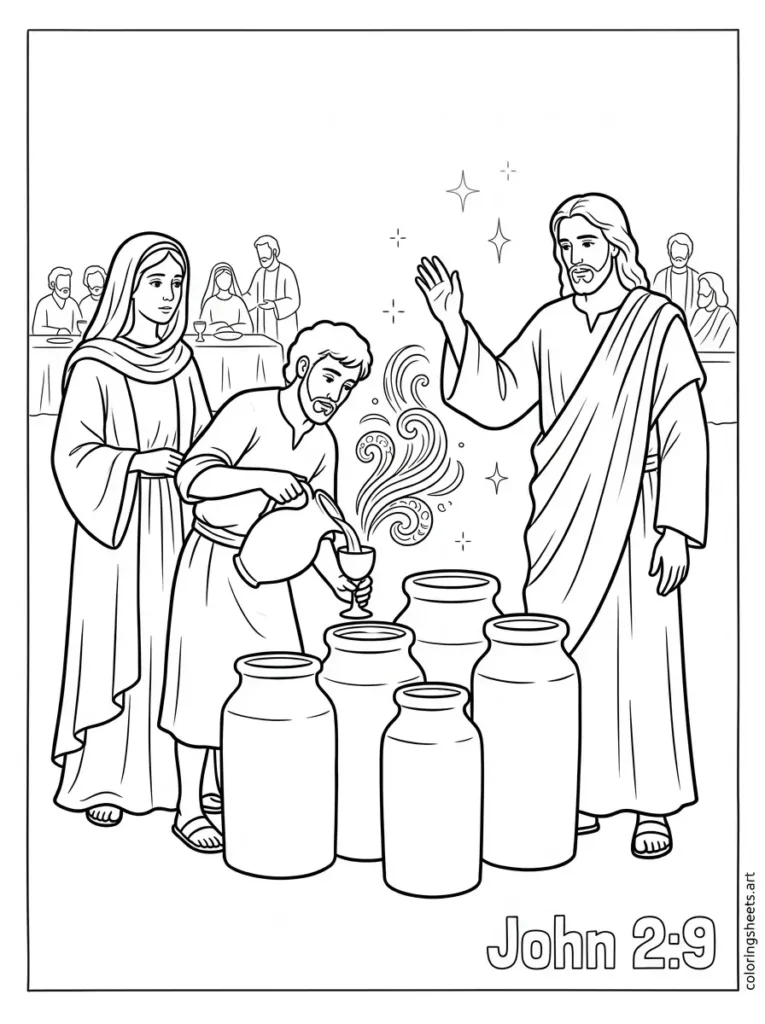 Jesus turning water into wine at Cana Sunday school Bible coloring page John 2