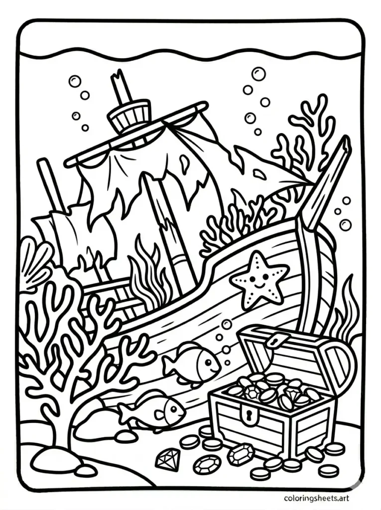 Ocean coloring pages for kids printable PDF with a sunken shipwreck and treasure chest under the sea