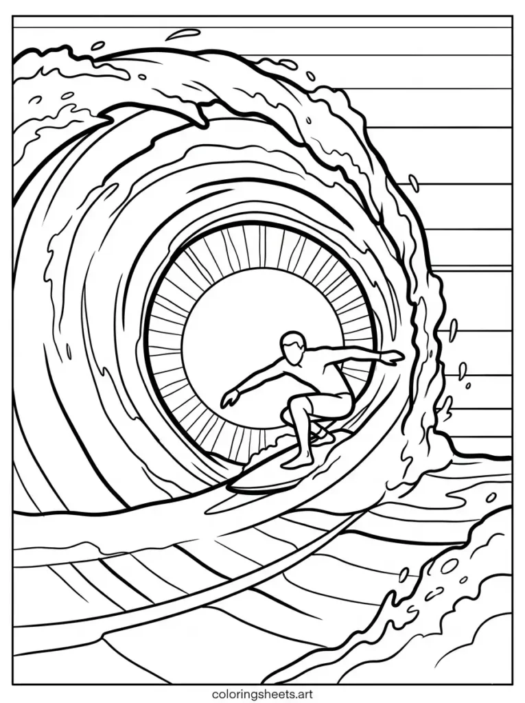 Sunrise over a perfect barrel wave coloring page free printable PDF for kids