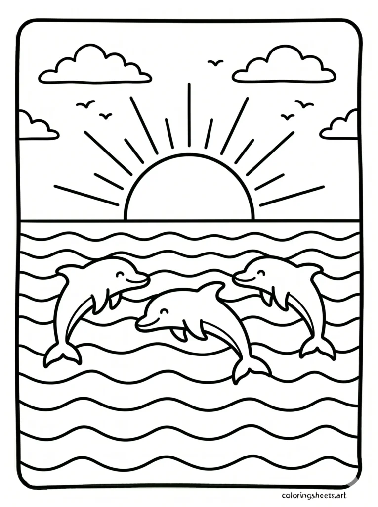 Free printable ocean coloring pages for kids featuring a beautiful sunset with leaping dolphins