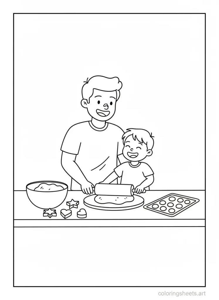 Super dad baking cookies with his child coloring page