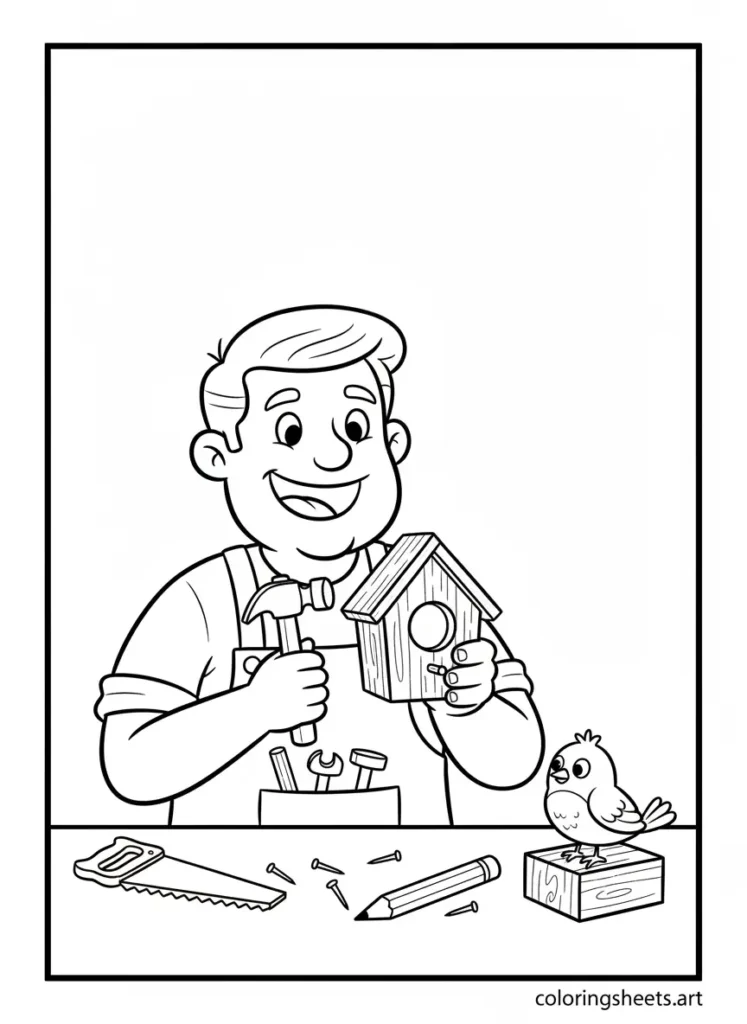 Super dad building a birdhouse with wood and tools coloring page