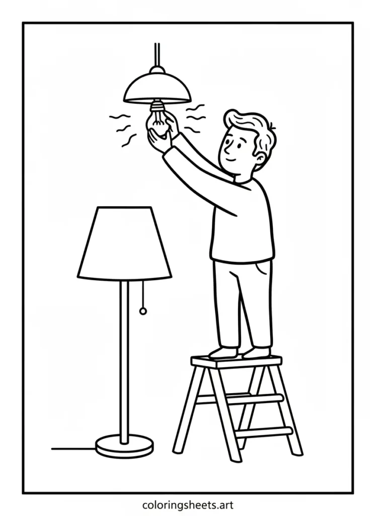Super dad changing a lightbulb on a ladder coloring page
