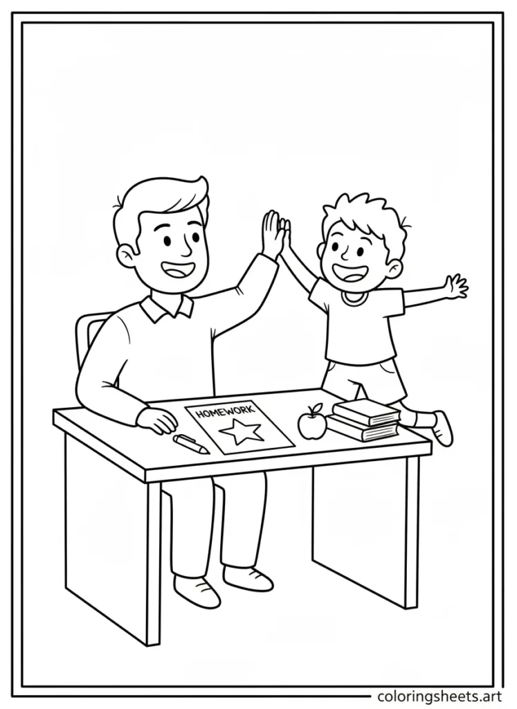 Super dad checking homework and giving a high-five coloring page