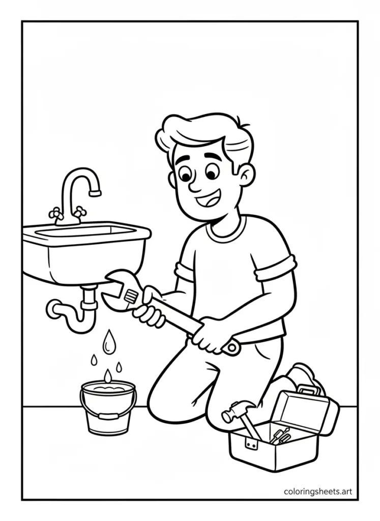 Super dad fixing a leaky faucet coloring page